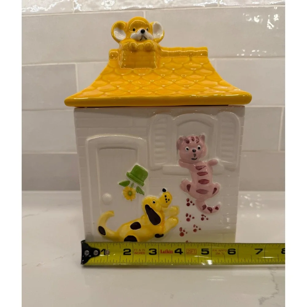 Cookie Jar House Dog Cat Mouse Large White Yellow Ceramic Vintage